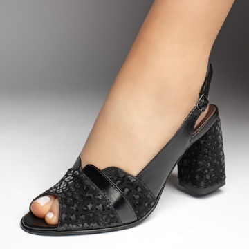 Sandale dama cu toc gros negre cu imprimeu din Piele naturala MOD13450, 2, modlet.ro