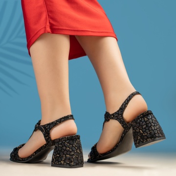 Sandale dama cu toc gros negre cu print din Piele naturala MOD13451, 4, modlet.ro