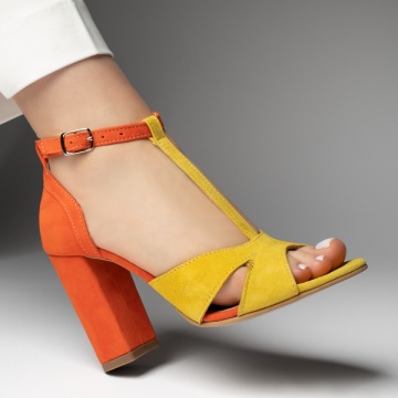 Sandale dama cu toc gros portocaliu cu galben suede din Piele naturala MOD13471, 3, modlet.ro