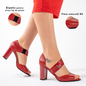 Sandale dama cu toc gros rosii cu imprimeu din Piele naturala MOD08912, 3, modlet.ro