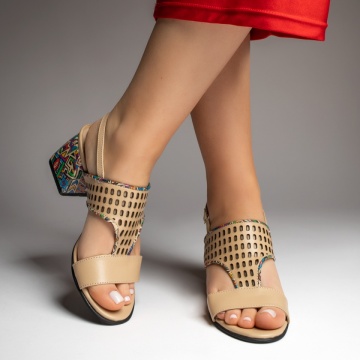 Sandale dama cu toc gros si perforatii bej din Piele naturala MOD13449, 2, modlet.ro