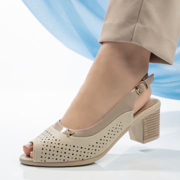 Sandale cu toc, Sandale dama cu toc gros si perforatii bej MOD13347, modlet.ro