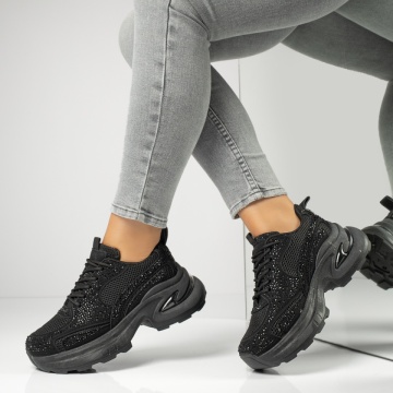 Sneakers dama cu talpa groasa si pietre aplicate negri MOD13949, 3, modlet.ro