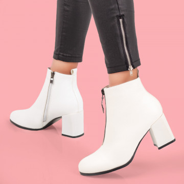 Botine albe cu toc gros si fermoar dama MOD07086, 2, modlet.ro