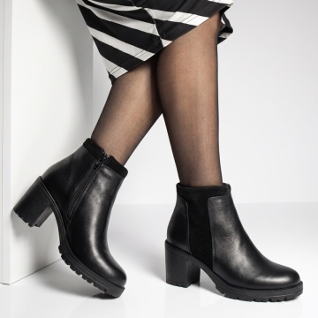 Botine dama cu toc gros negre din Piele naturala BIA24