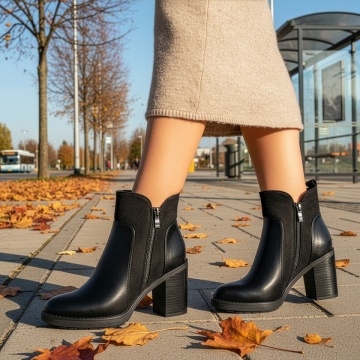 Botine dama, Botine dama cu toc gros si fermoar negre MOD14093, modlet.ro