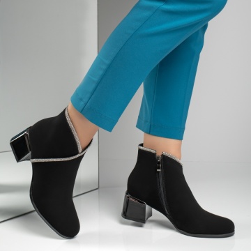Botine dama cu toc gros si strasuri aplicate negru suede MOD12594, 4, modlet.ro
