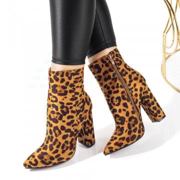 Botine dama cu toc maro cu print MOD10816, 1, modlet.ro