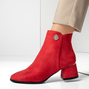 Botine dama rosii suede cu toc gros si fermoar MOD06637