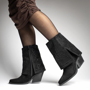 Ciocate dama cu toc gros si aplicatii cu pietre negre suede MOD12341, 2, modlet.ro