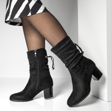 Cizme dama, Cizme cu toc dama negre suede si insertie de material elastic la spate MOD07799, modlet.ro