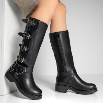 Cizme lungi dama cu catarame negre MOD12809, 4, modlet.ro