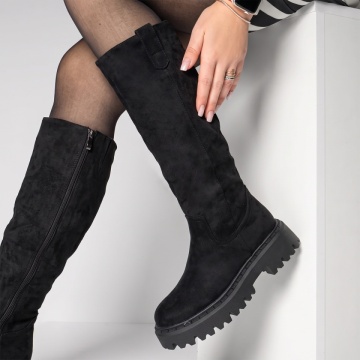 Cizme lungi dama cu talpa groasa negru suede NINA26