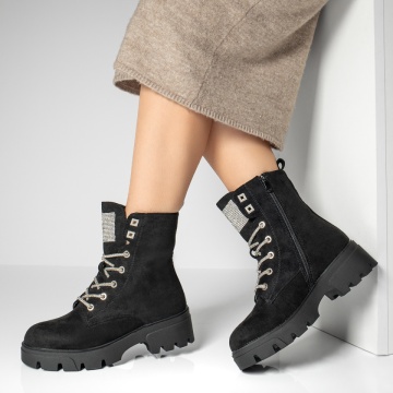 Ghete dama cu fermoar si aplicatii cu pietre negru suede MOD12822, 2, modlet.ro