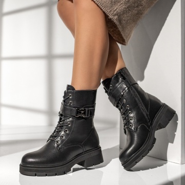 Bocanci dama, Ghete dama cu fermoar si talpa groasa negri din Piele naturala MOD14002, modlet.ro