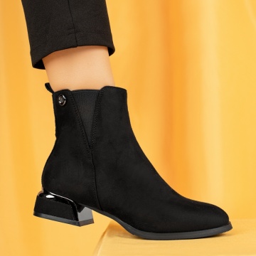 Ghete dama cu toc gros si insertie de material elastic negru suede MOD07099, 3, modlet.ro