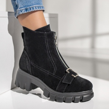 Ghete dama negre suede cu fermoare si talpa groasa MOD10470, 3, modlet.ro