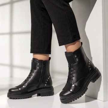 Reduceri ghete dama, Ghete negre dama cu fermoar, siret si insertii de material elastic din Piele naturala MOD07289, modlet.ro