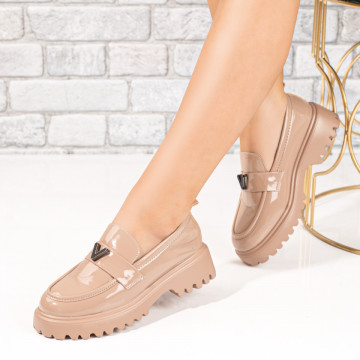 Mocasini dama nude cu aspect lucios si accesoriu metalic MOD10139, 3, modlet.ro