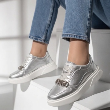 Pantofi dama, Pantofi casual cu accesoriu decorativ din Piele naturala gri MOD10272, modlet.ro