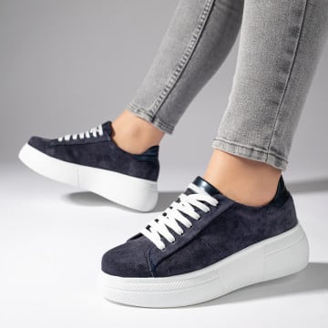 Pantofi casual dama albastri inchis suede cu siret si talpa groasa din Piele naturala ZEF11129, 2, zeforia.ro