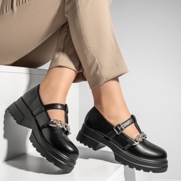 Pantofi casual dama cu bareta si strasuri negri ZEF13094, 1, zeforia.ro