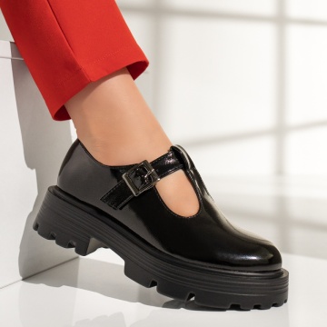 Pantofi casual dama cu catarama negri luciosi MOD12960, 4, modlet.ro