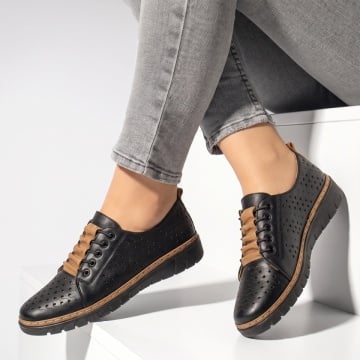 Pantofi dama, Pantofi casual dama cu perforatii negru cu khaki EVA93, modlet.ro