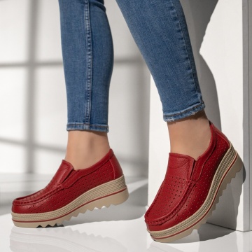 Pantofi casual dama cu perforatii rosii din Piele naturala MOD13102, 2, modlet.ro