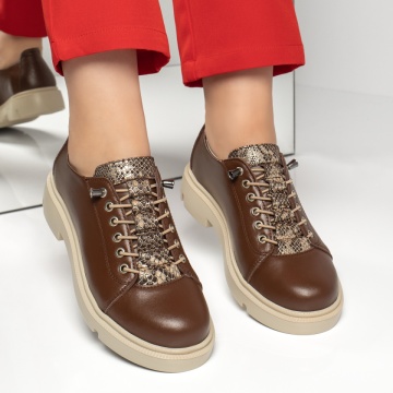 Pantofi casual dama cu siret elastic maro din Piele naturala MOD13150, 3, modlet.ro