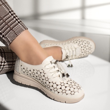 Pantofi casual dama cu siret elastic si perforati albi MOD13264, 3, modlet.ro