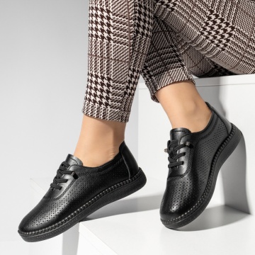 Pantofi casual dama cu siret elastic si perforatii negri MOD14229