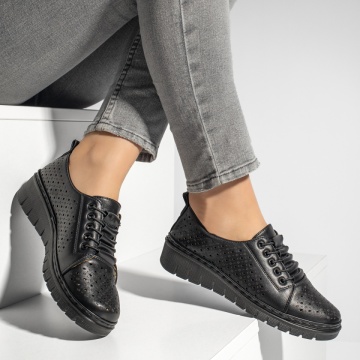 Pantofi casual dama cu siret elastic si perforatii negri ZEF13156, 3, zeforia.ro