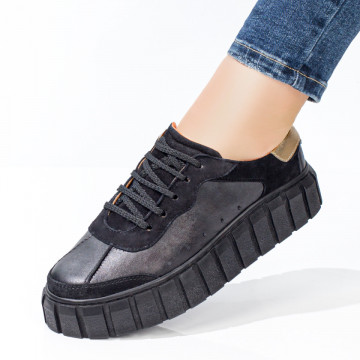 Pantofi casual dama cu siret Piele naturala negri MOD03646, 4, modlet.ro