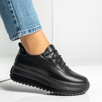 Pantofi casual dama cu siret si talpa groasa negri din Piele naturala MOD14016, 3, modlet.ro