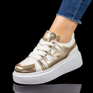 Pantofi casual dama cu talpa groasa albi cu auriu MOD10430