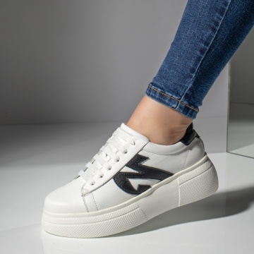 Pantofi casual dama cu talpa groasa albi cu negru din Piele naturala MOD08731