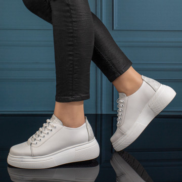 Pantofi casual dama cu talpa groasa albi din Piele naturala MOD11127, 4, modlet.ro