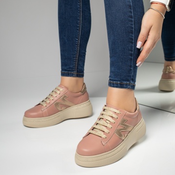 Pantofi casual dama cu talpa groasa bej cu auriu din Piele naturala MOD08731, 3, modlet.ro