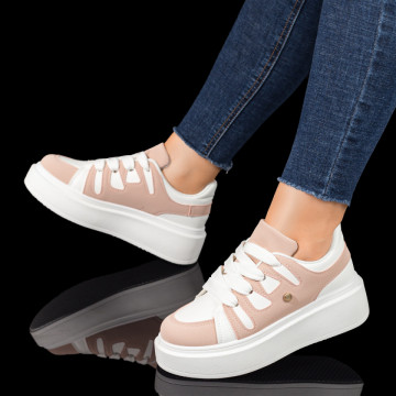 Pantofi casual dama cu talpa groasa roz cu alb MOD10430
