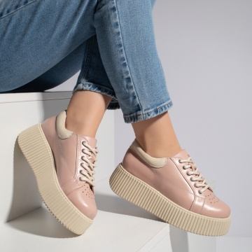 Pantofi casual dama roz cu talpa groasa din Piele naturala MOD12740, 4, modlet.ro