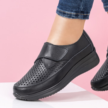 Pantofi casual perforati dama din Piele naturala negri MOD08262, 4, modlet.ro