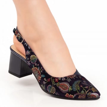 Pantofi cu toc dama albastri cu model floral din Piele naturala ZEF07639, 3, zeforia.ro