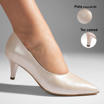 Pantofi cu toc dama bej sidefat din Piele naturala MOD11004, 3, modlet.ro