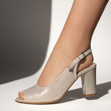 Pantofi cu toc dama si bareta bej deschis glitter din Piele naturala ZEF13482, 1, zeforia.ro