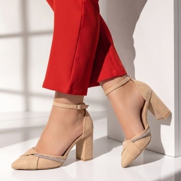 Pantofi cu toc, Pantofi cu toc dama si bareta pe glezna bej suede LIA92, modlet.ro