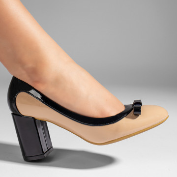 Pantofi cu toc gros bej cu negru luciosi MOD10986, 3, modlet.ro