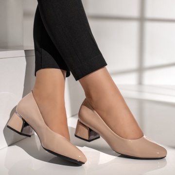 Pantofi cu toc gros dama bej cu aspect lucios MOD12115, 4, modlet.ro