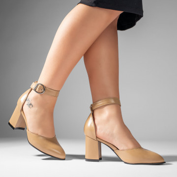 Pantofi cu toc gros dama bej din Piele naturala MOD11062, 5, modlet.ro