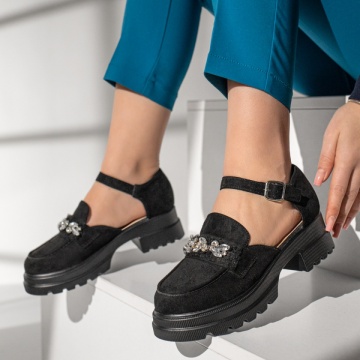 Pantofi dama cu bareta si aplicatii cu pietre negru suede MOD13014, 2, modlet.ro